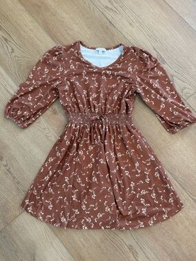 Girls' Rust Floral Smocked-Waist Casual Dress